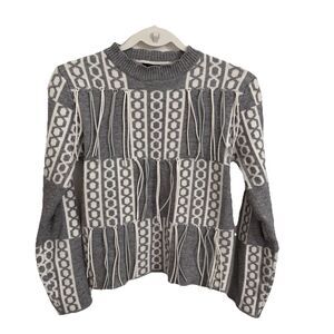 LA Mode Sweater Womens Small Gray Fair Isle Fringe Tassels Wool Blend Knit